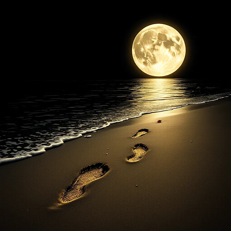 Pegadas na areia rumo ao mar sob a lua